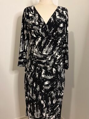 LAUREN RALPH LAUREN Black White Abstract Ruched Midi Dress SIZE 14